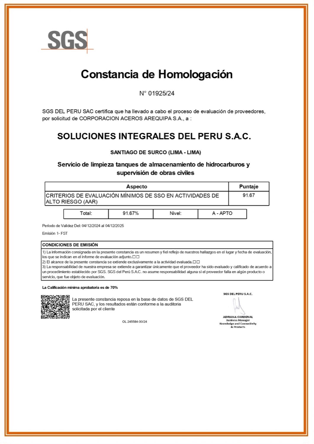 Certificado SGS Perú SIP